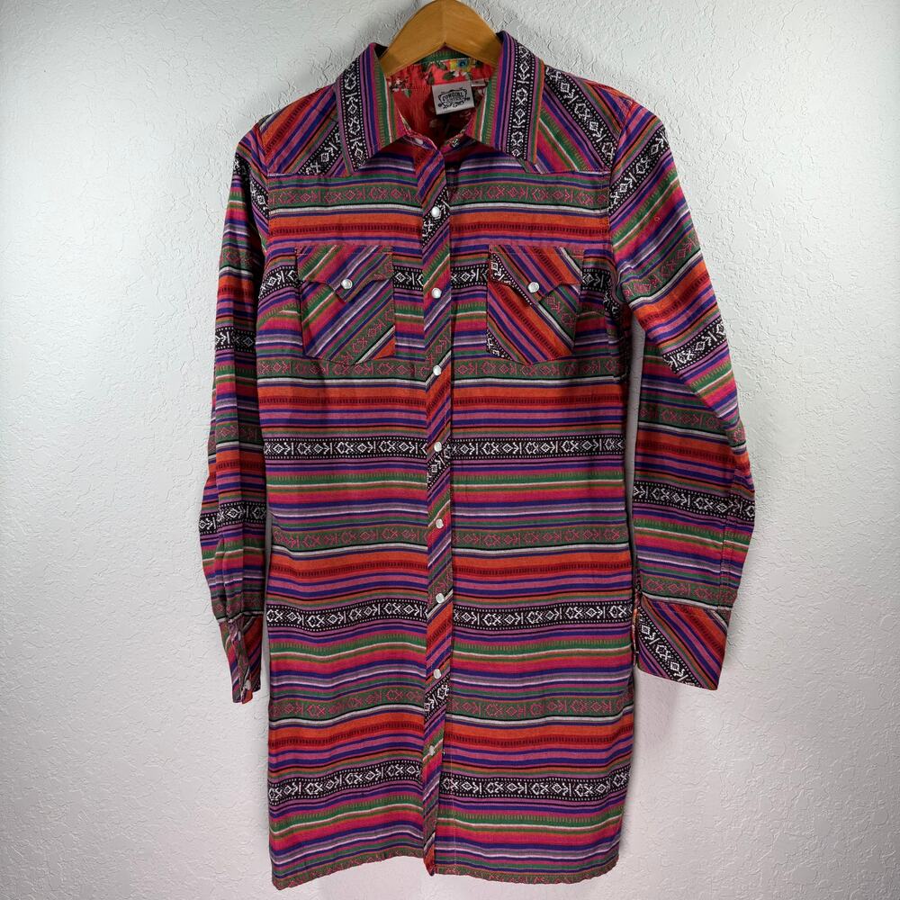 Cowgirl Justice Women's Western Pink Striped Pearl Snap Front‎ Dress Size S